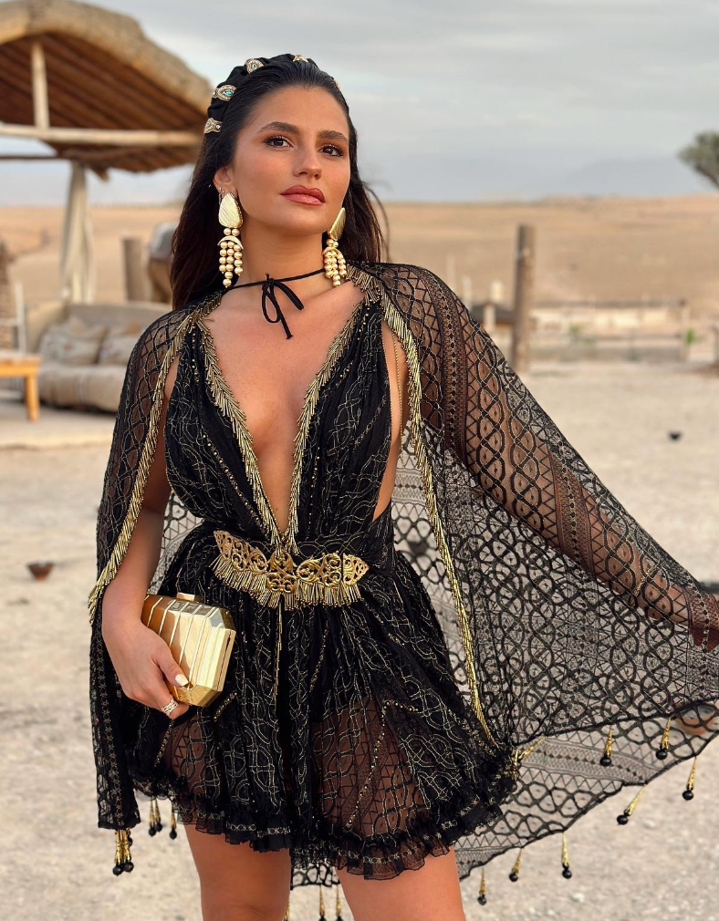 Derev Clara wearing total look from Zeynep Tosun Couture for a wedding in Marrakesh