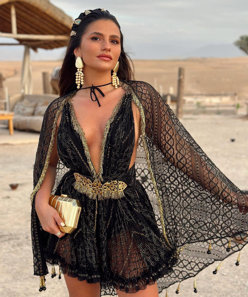 Derev Clara wearing total look from Zeynep Tosun Couture for a wedding in Marrakesh
